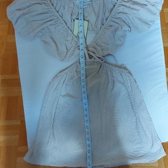 Boho Beach Dress Vintage Havana Puff Sleeve Cutout Mini Dress Cottagecore - Picture 5 of 8